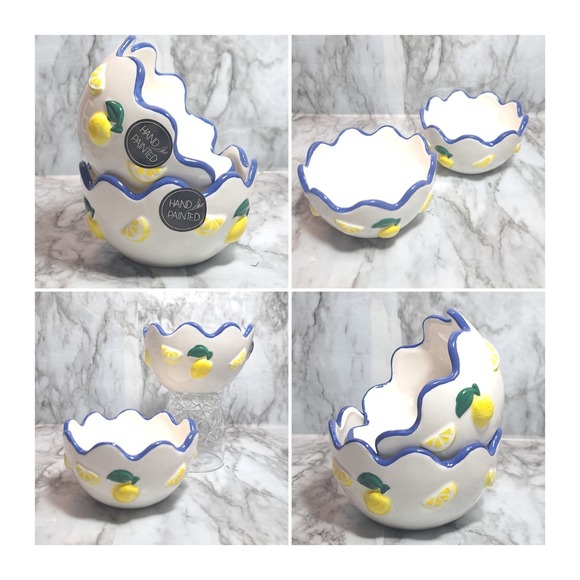 Luna & Sage Set of 2 Lemon Theme Bowls With Blue Scallop Rim Kitchen Dinnerware - Picture 6 of 11